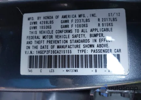 2012 Honda Accord 2.4 Lx from USA, damaged, VIN 1HGCP2F39CA215155